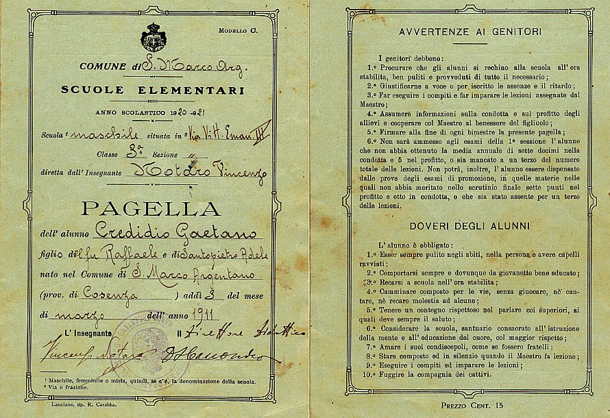 PAGELLA DI GAETANO CREDIDIO  - SAN MARCO ARGENTANO A.S. 1920-21